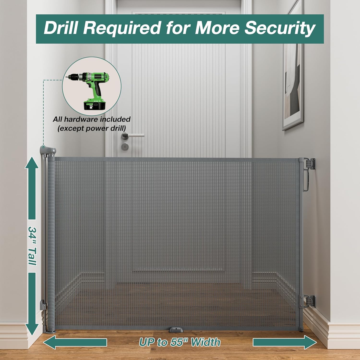 Retractable Baby Gates Extra Wide | 55" Wide x 34" Tall Dog Gates for Stairs | Indoor/Outdoor Use | Child Gates for