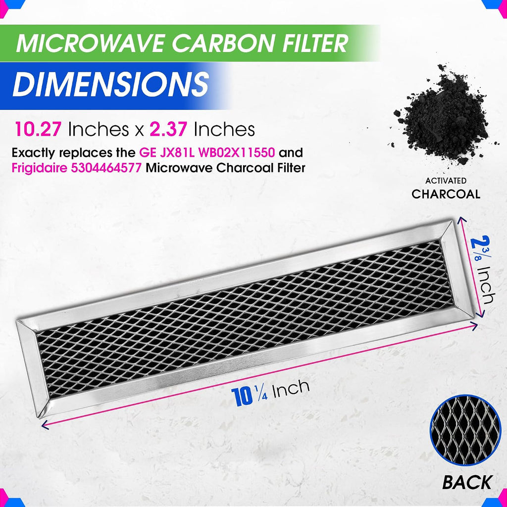 Microwave Filter Replacement 10.3" x 2.35" for GE JX81L WB02X11550 Frigidaire 5304464577 Microwave Charcoal Carbon Filter - Freshens and Filters Kitchen Air in Over the Range Vent Fan (JX81L 2-Pack)