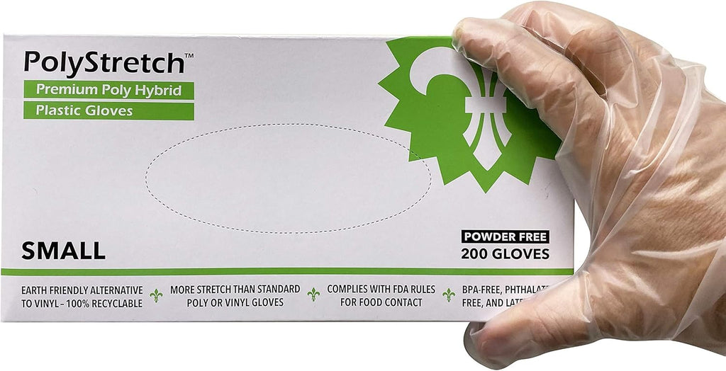 2000 Count PolyStretch TPE Poly Hybrid Disposable Gloves, Powder-Free, Vinyl Glove Substitute, Size Small - 10 Boxes