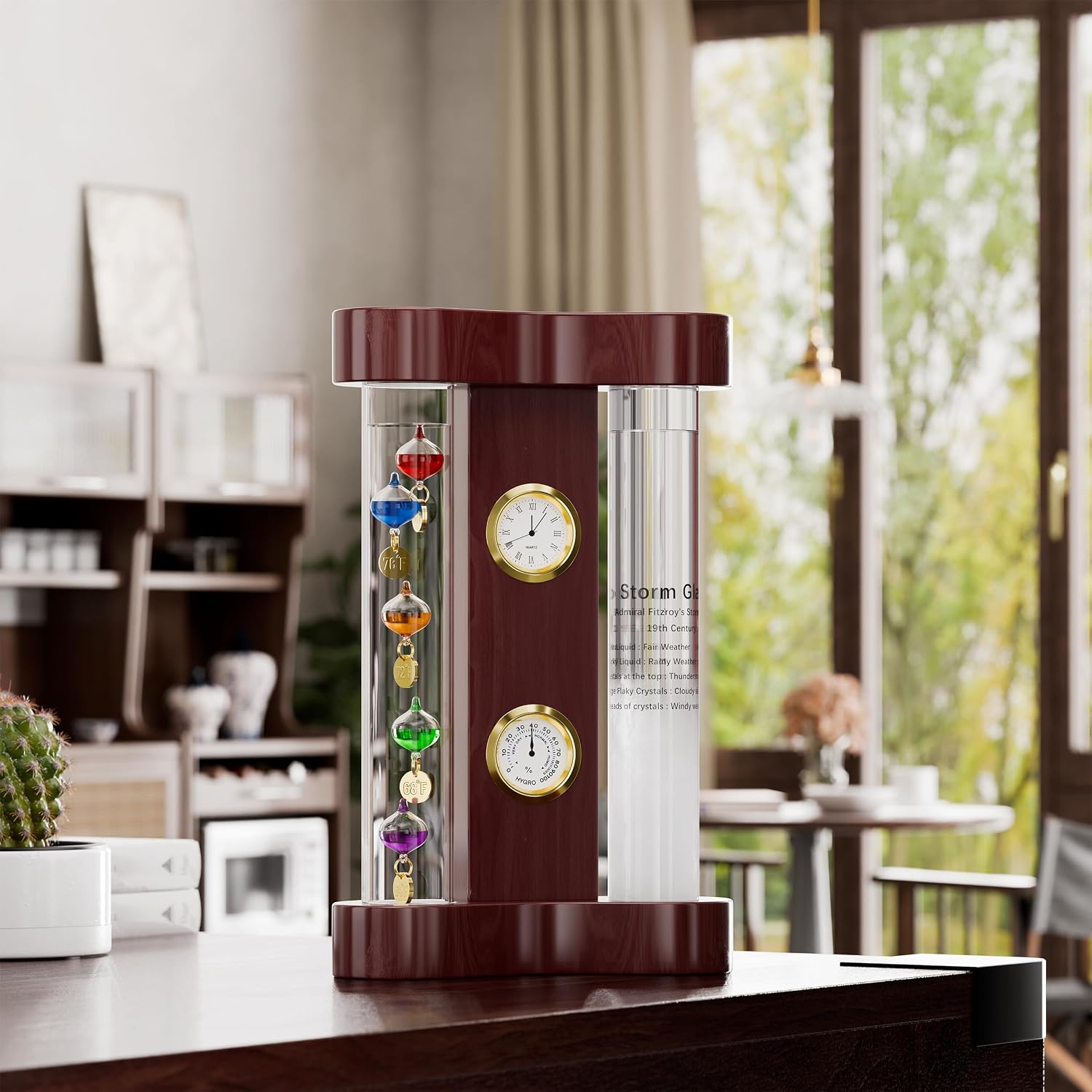 Analog Weather Station with Glass Galileo Thermometer Fitzroy Storm | Precision Quartz Clock and Analog Hygrometer