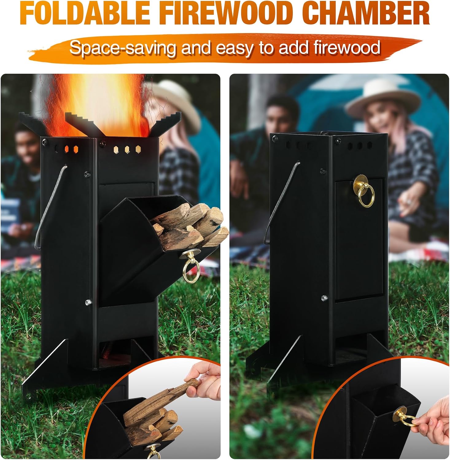 Portable Rocket Stove Camping, Foldable Mini Wood Burning Camp Stove for Cooking with Stand Outdoor Backpacking