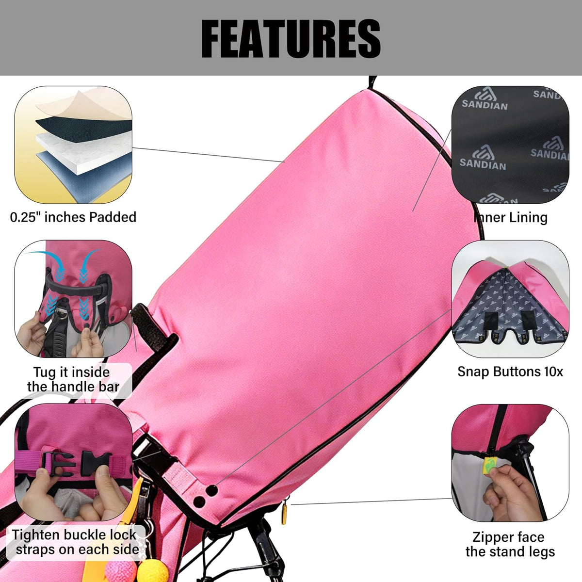 Golf Bag Rain Hood Cover for Standard Size, Waterproof 1260D Oxford Polyester, 12x20 Inches, Thick Padding