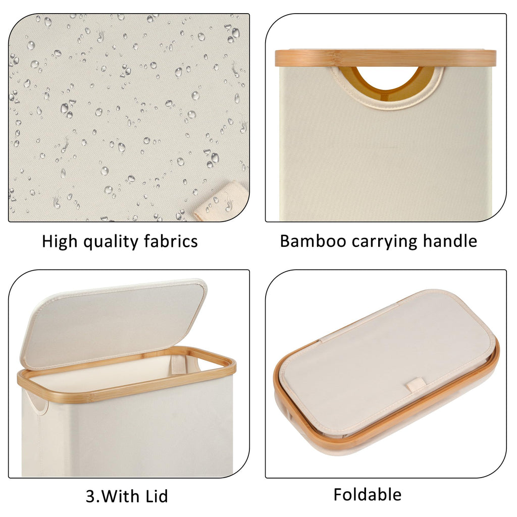 Slim Laundry Hamper,Narrow laundry Hamper with Lid,60L Hamper for Laundry,Dirty Cloth Hamper with Bamboo Handle for