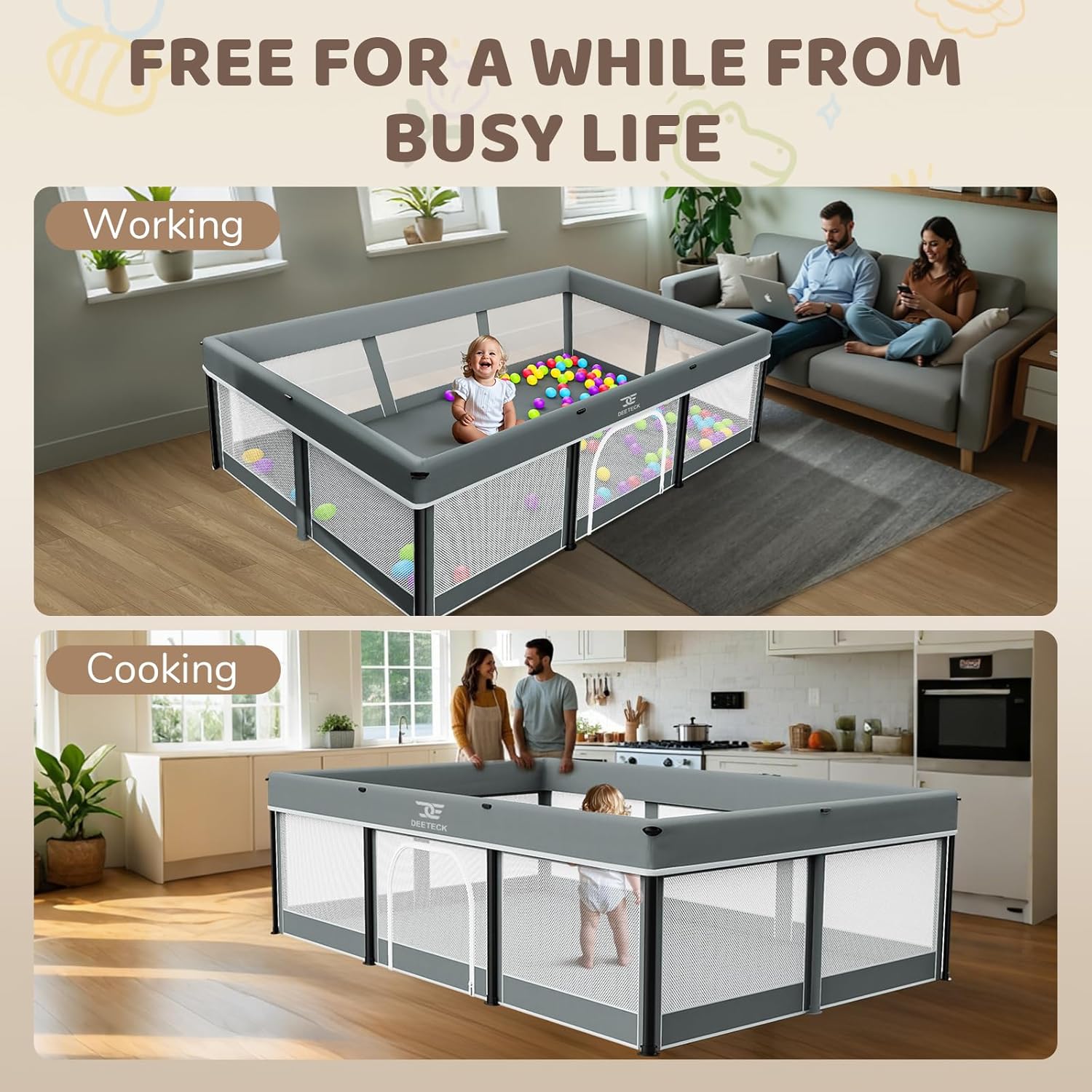 74x50 Foldable Baby Playpen with Mat - Portable Outdoor Play Yard, Grey | Portable Play Pen for Toddlers 1-3, Storage