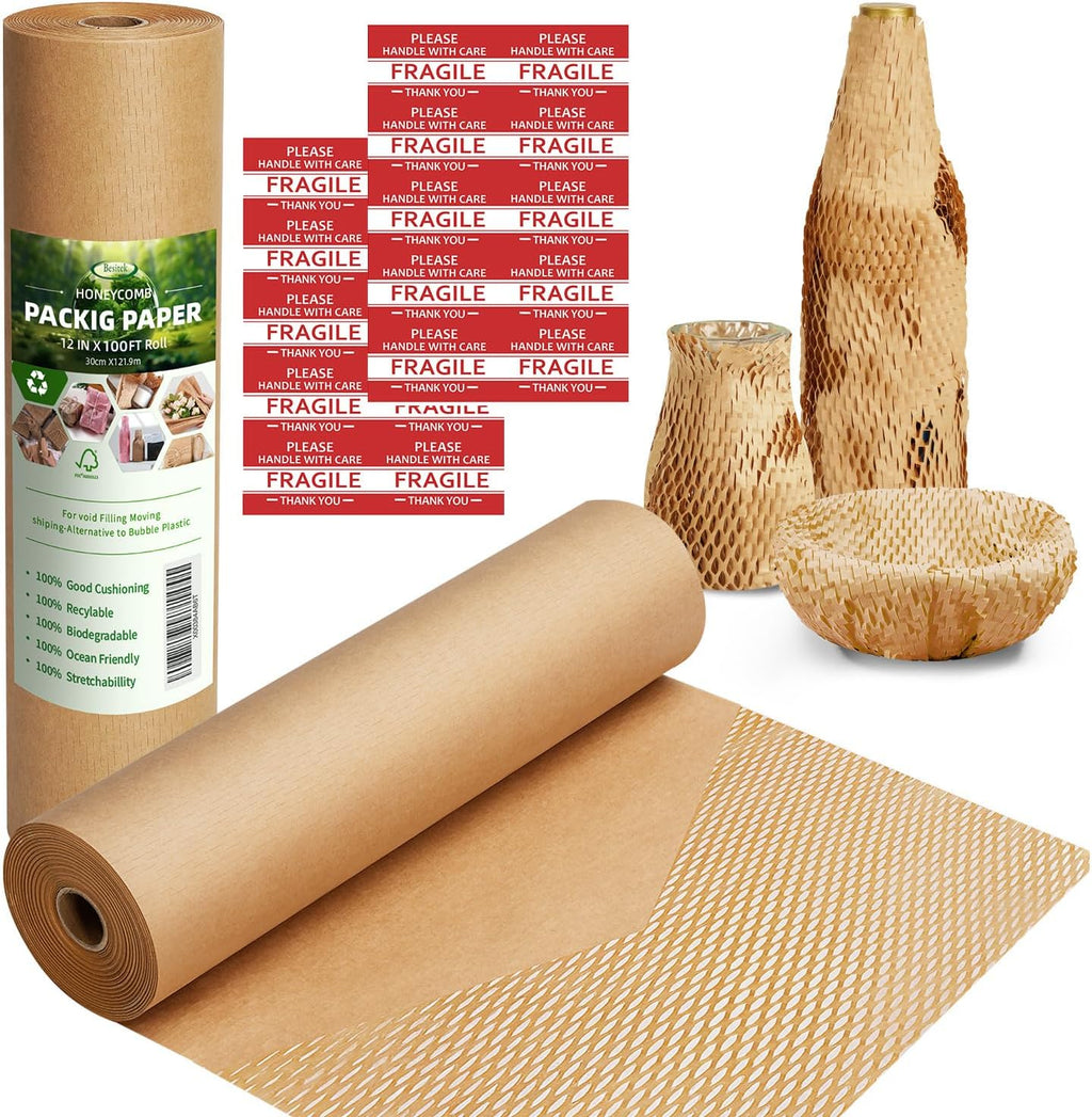 Honeycomb Packing Paper for Moving, Protective Wrapping Paper 12" x 100ft | kraft paper cushions glass, dishes