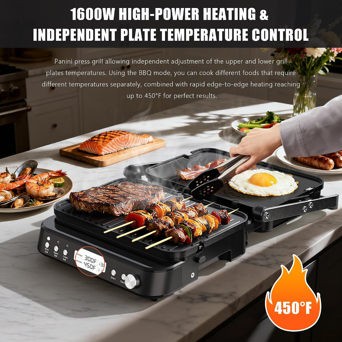 CATTLEMAN Panini Grill Press Sandwich Maker with Removable Plates, 1600W, 5 in 1 Smokeless Indoor Grill & Griddle