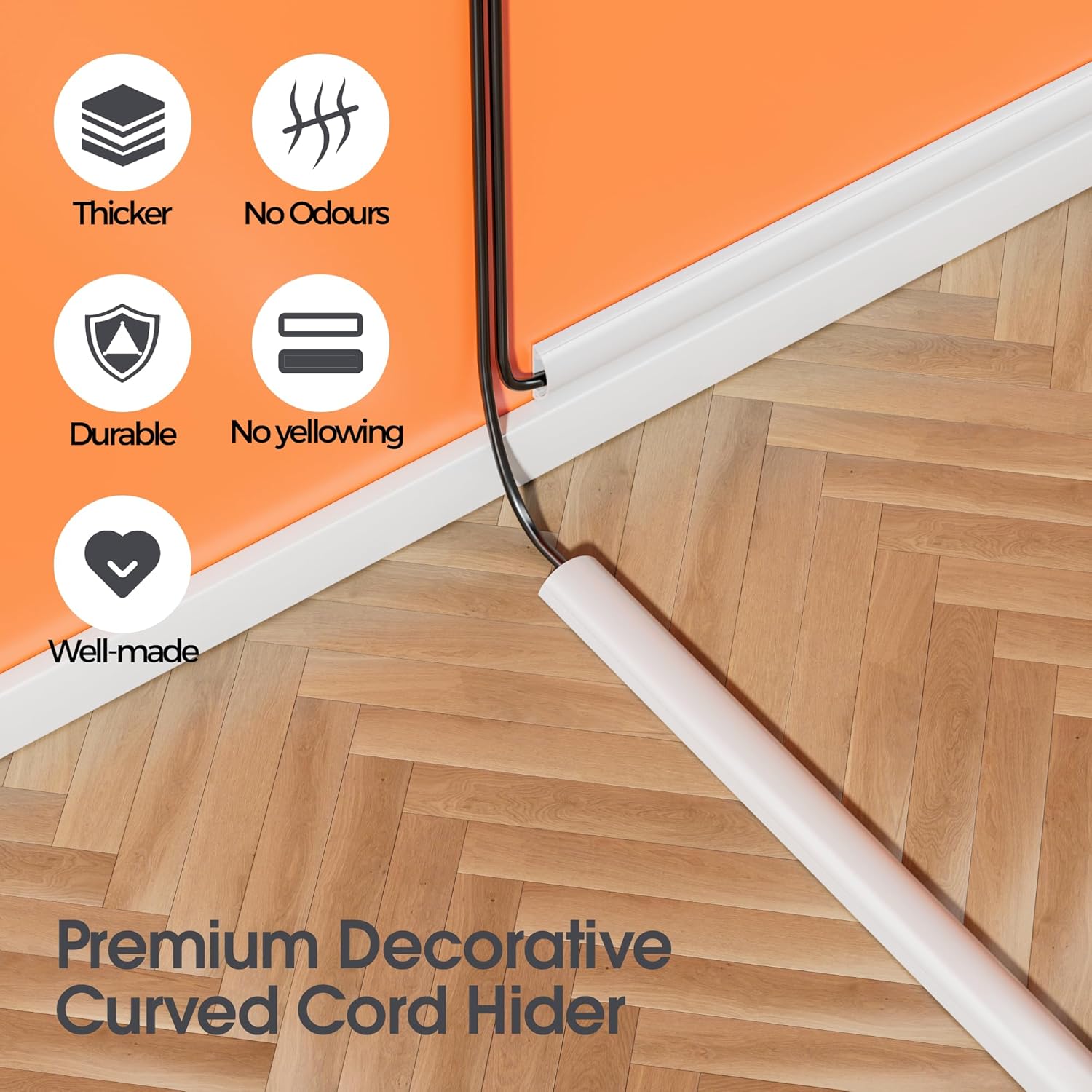 TV Cord Hider for Wall Mounted TV, White, 56.7in, 4× L14.2in W1.18 H0.43in | Curved Decorative Cord Cover