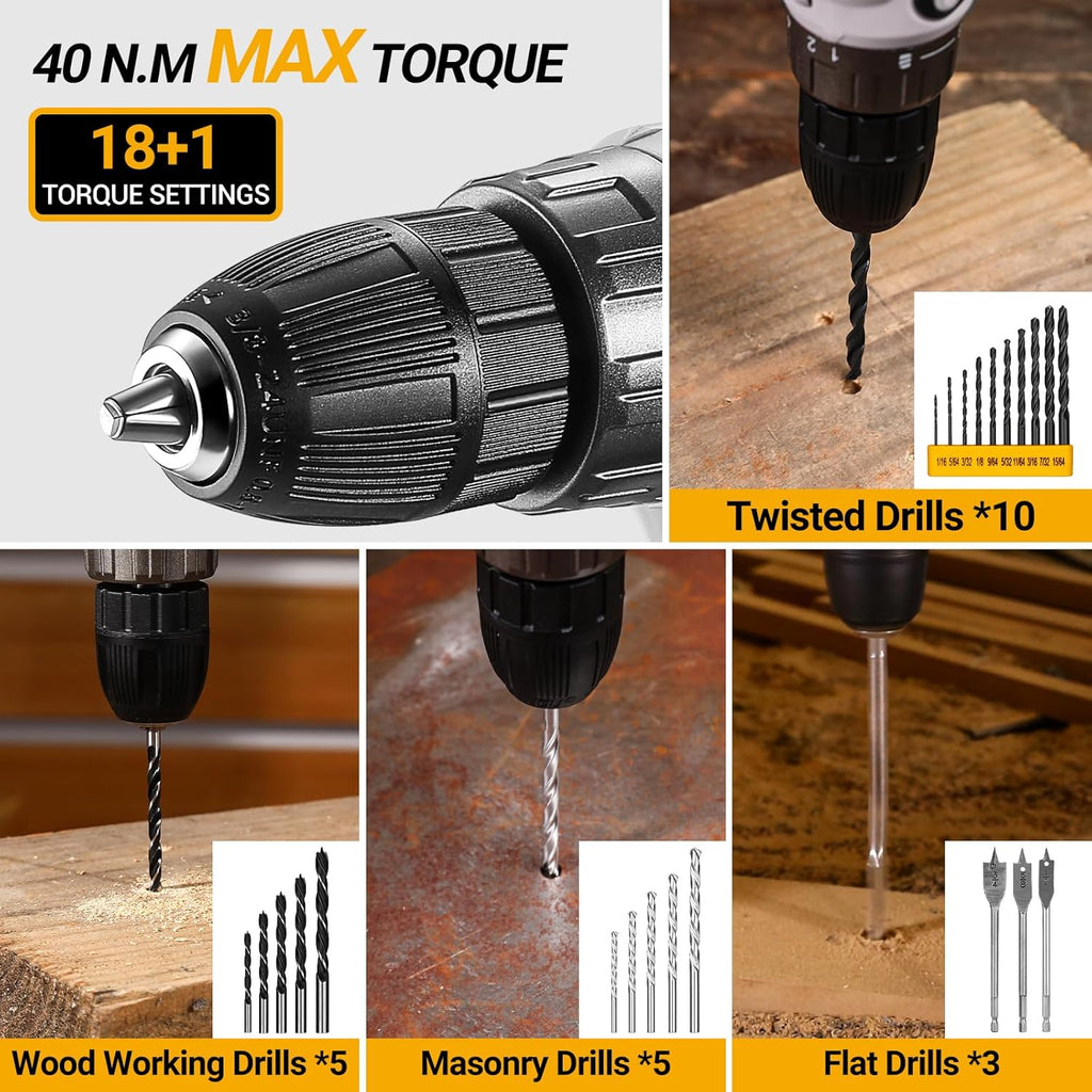 Cordless Drill Tool Kit Set: 20V Power Drill Tool Box with Battery Electric Drill Driver for Men Home Hand Repair