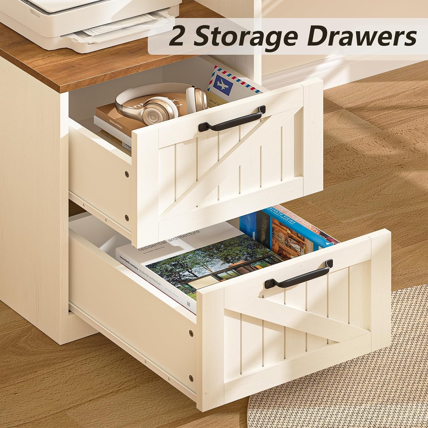 63" Farmhouse L Shaped Executive Desk with Drawers & Storage Shelf, Corner Computer Desk with Power Outlets, L Shaped