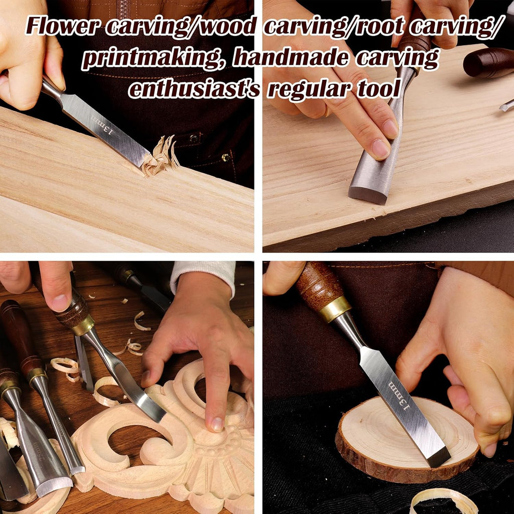 12-Piece Wood Carving Chisel Set - CR-V 60 Steel Multi-Shape Edge Gouges Carving tool for Woodworking Beginners and