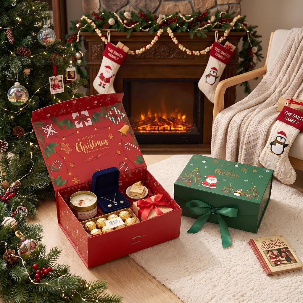 4Pack Christmas Magnetic Gift Boxes, Assorted 4 Different Xmas Designs Foldable Gift Boxes with Ribbons & Christmas