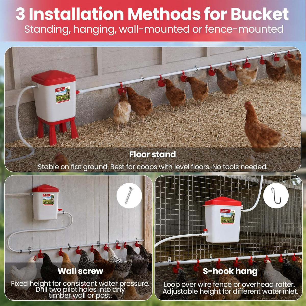 Complete Set Pipeline Automatic Chicken Waterer System, 3 Gallon Poultry Waterer with 8 Drinking Cups, 8 Nipples, 47"