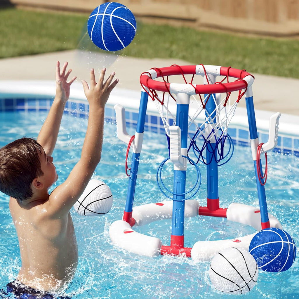 2 in 1 Pool Basketball Hoop with Ring Toss, Floating Pool Toys, Red | Anti-Tip Stable Base with 4 Balls/8 Rings/Pump