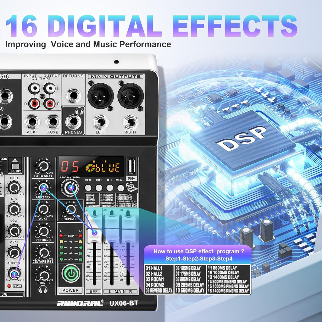 6 Channel Audio Interface Sound Board Mixing Console 16-Bit DSP DJ Mixer Audio Reverb Effect +48V Phantom Bluetooth