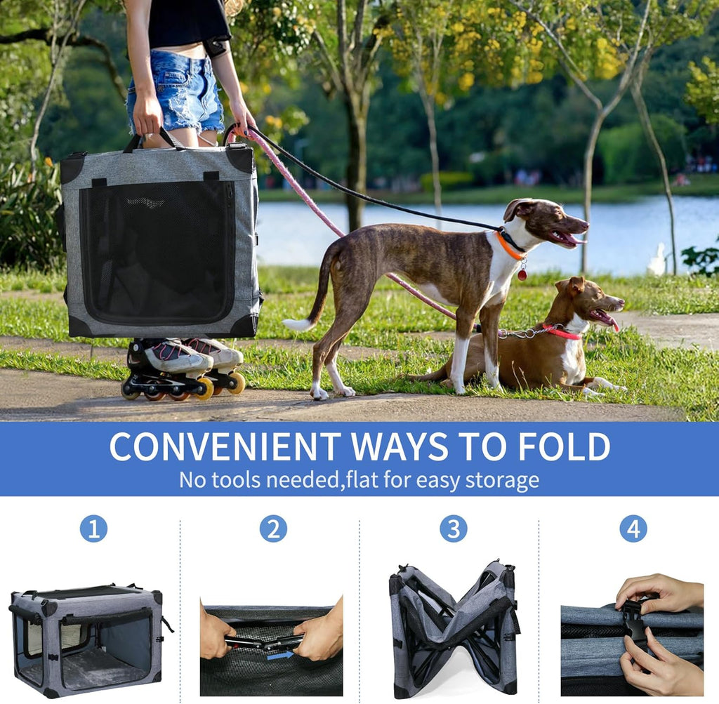 Collapsible Dog Crates for Large Dogs Portable Soft Sided Travel Dog Carrier for Indoor & Outdoor, 4-Door Foldable