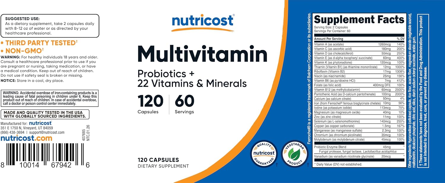 Multivitamin with Probiotics 120 Vegetarian Capsules - Packed with Vitamins & Minerals