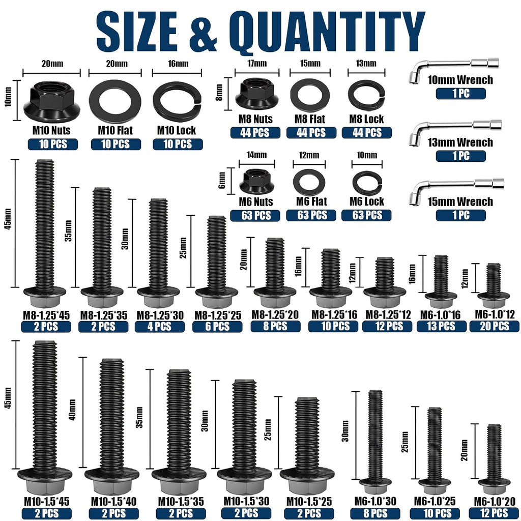468PCS Black Metric Flange Bolt Assortment Kit with Socket Wrench
