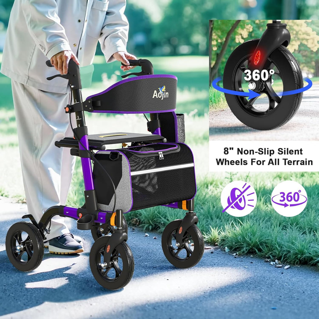 Walkers for Seniors, Rollator Walker with Seat, 350 lb Weight Capacity, 18" Big Seat, 8" All-Terrain Wheels, 6-Level