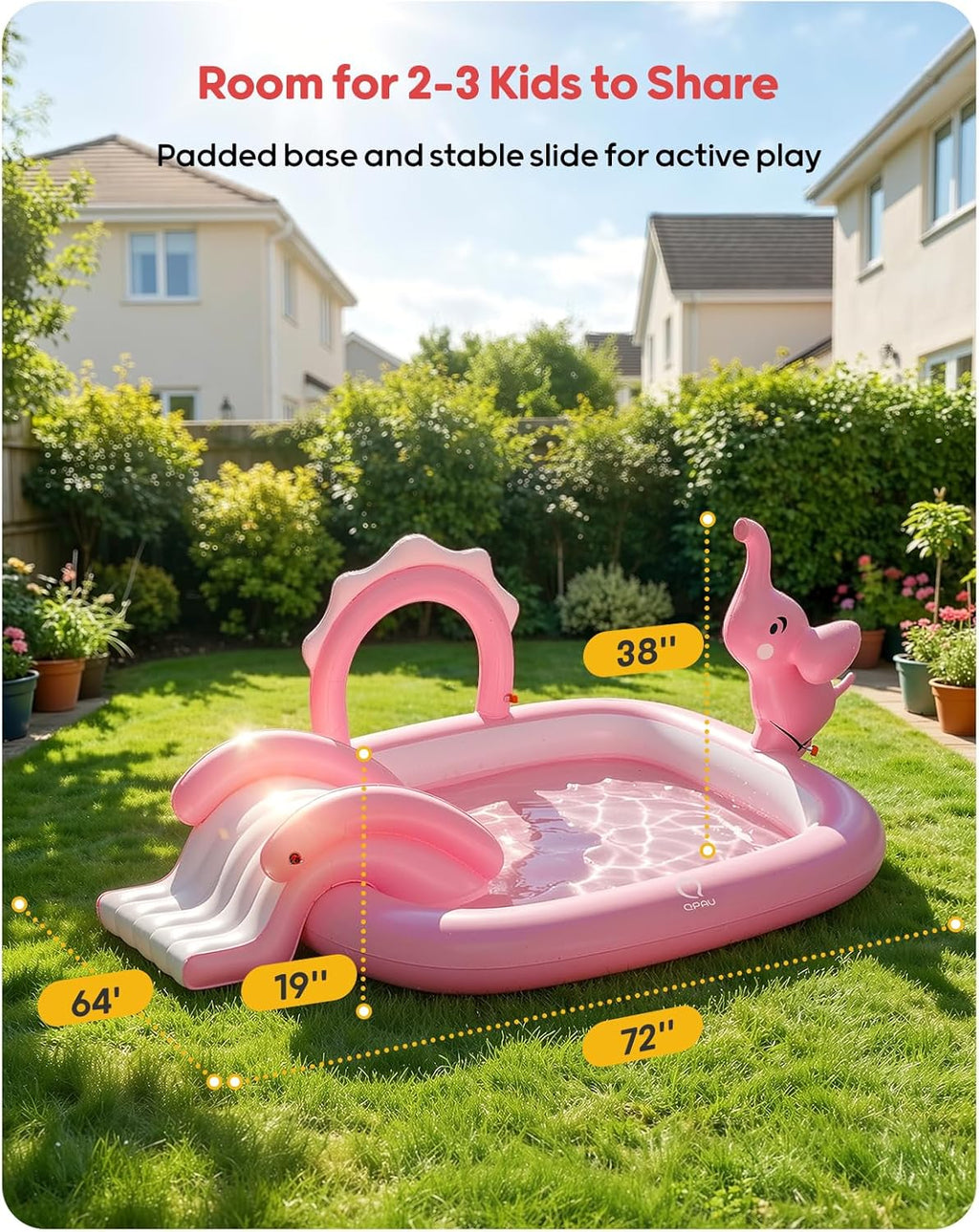 Elephant Kids Pool with Slide and Sprinkler, Inflatable Play Center with 4 Rings, 72 × 64 × 37 in, Fast Inflation