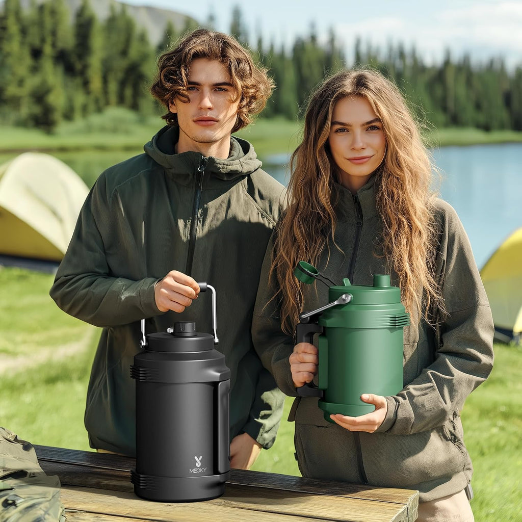 64 oz Insulated Water Bottle for Gym: Meoky Triple Wall Vacuum Stainless Steel Half Gallon Water Jug - Top and Side