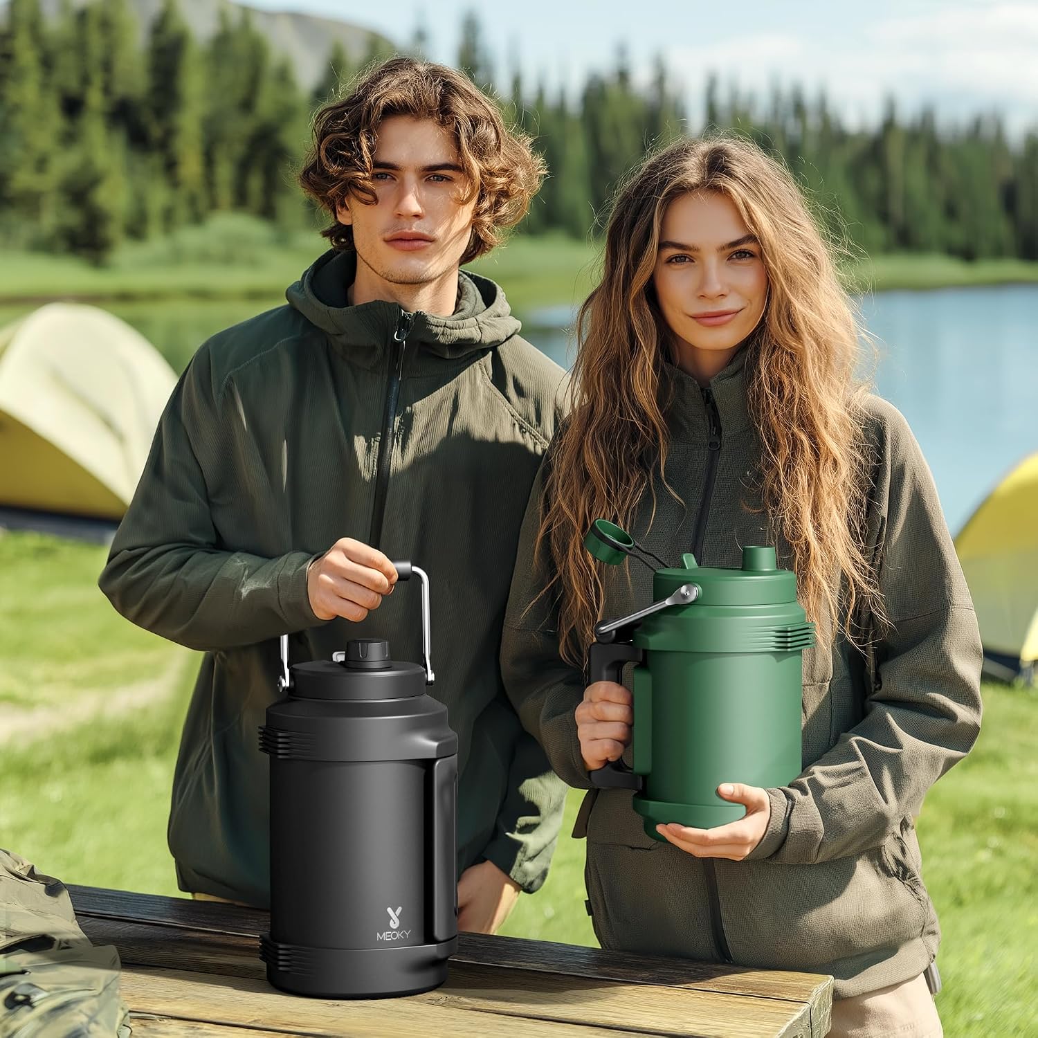 64 oz Insulated Water Bottle for Gym: Meoky Triple Wall Vacuum Stainless Steel Half Gallon Water Jug - Top and Side