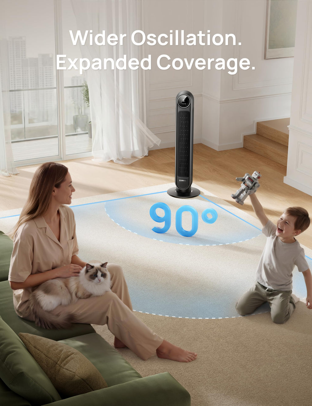 Tower Fan for Bedroom, 28ft/s Velocity, Ultra Quiet Fan, 8 Speeds