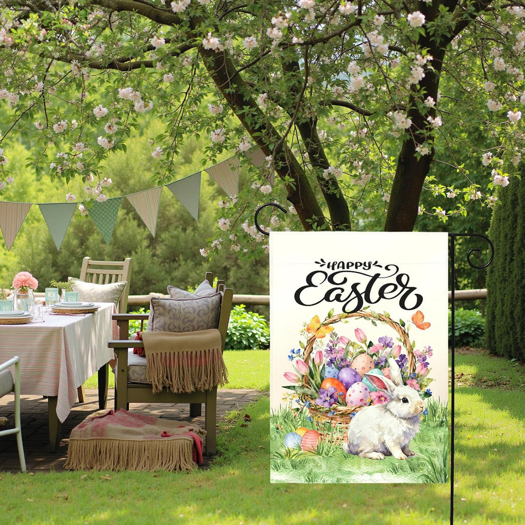 Happy Easter Garden Flag with Bunny Basket Spring Tulips Wildflowers Eggs Cute Rabbit Yard Flags Double Sided Welcome