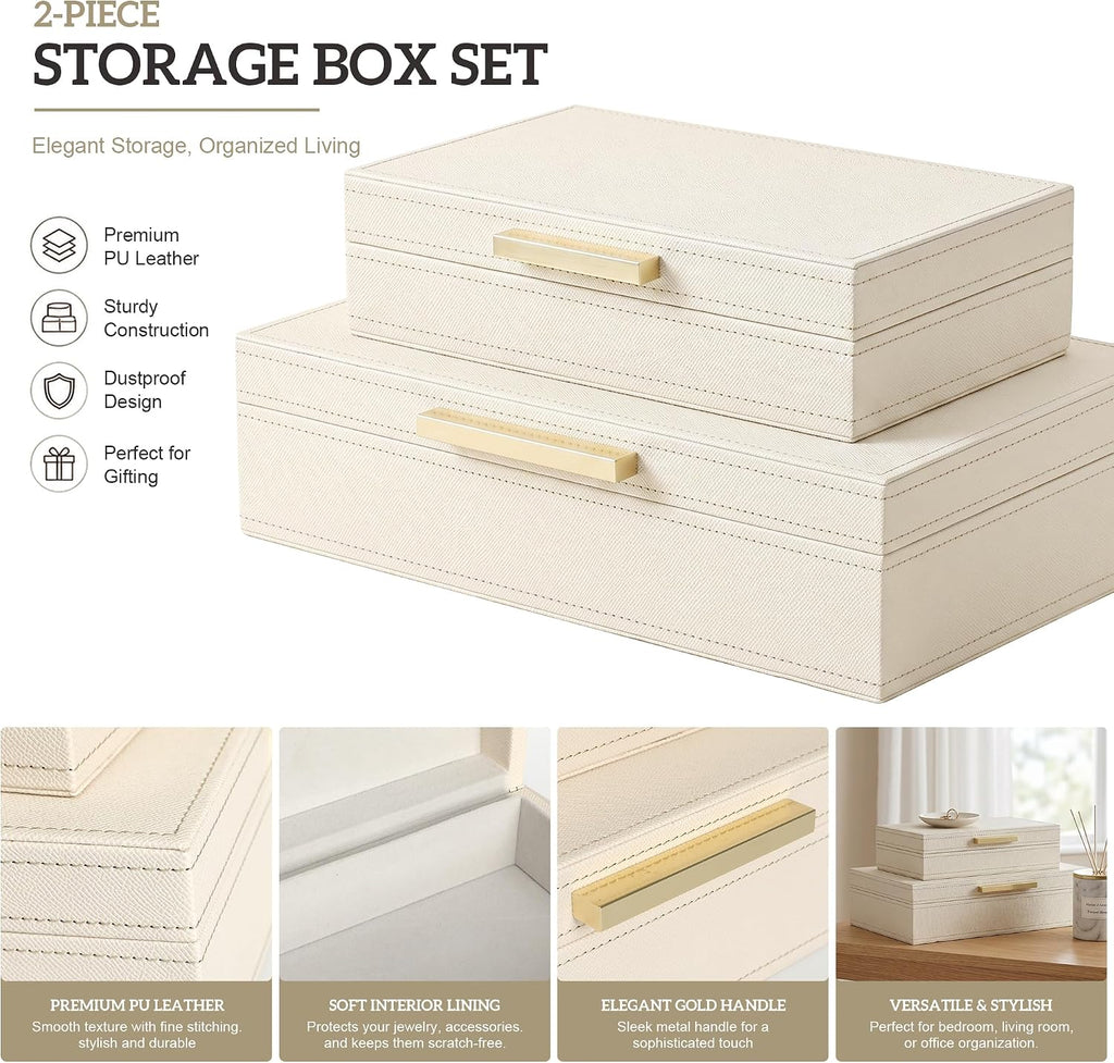 Decorative Storage Boxes with Lids, Set of 2 PU Leather Organizer Boxes