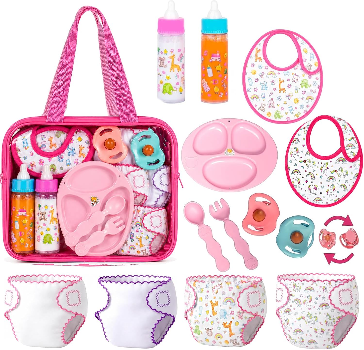 My Sweet Baby 13-Piece Doll Feeding & Diaper Bag Set – Disappearing Milk Bottles, Bibs, Pacifiers, Diapers &