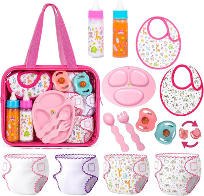 My Sweet Baby 13-Piece Doll Feeding & Diaper Bag Set – Disappearing Milk Bottles, Bibs, Pacifiers, Diapers &