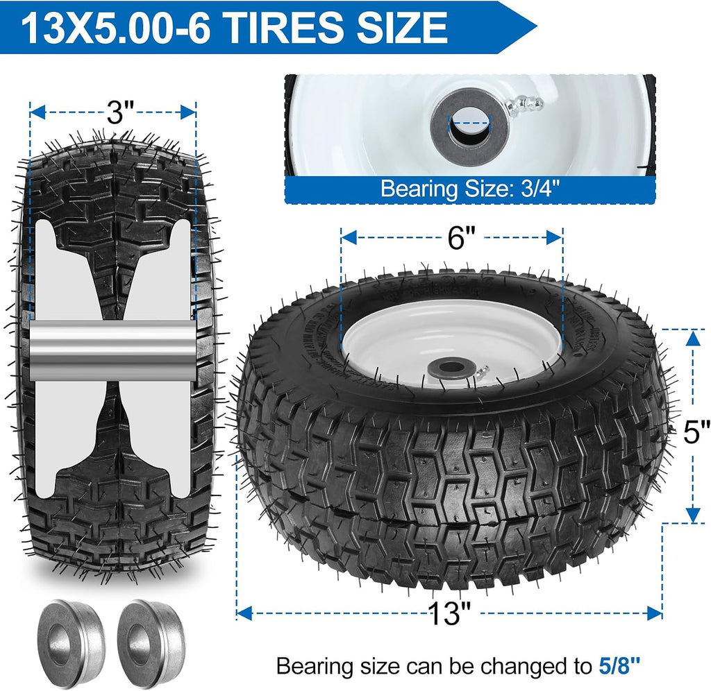 13x5.00-6 nhs Lawn Mower Tire and Wheels Tubeless with 3/4" 5/8" Bearings, 13x5x6 Zero Turn Mower Front Tires for