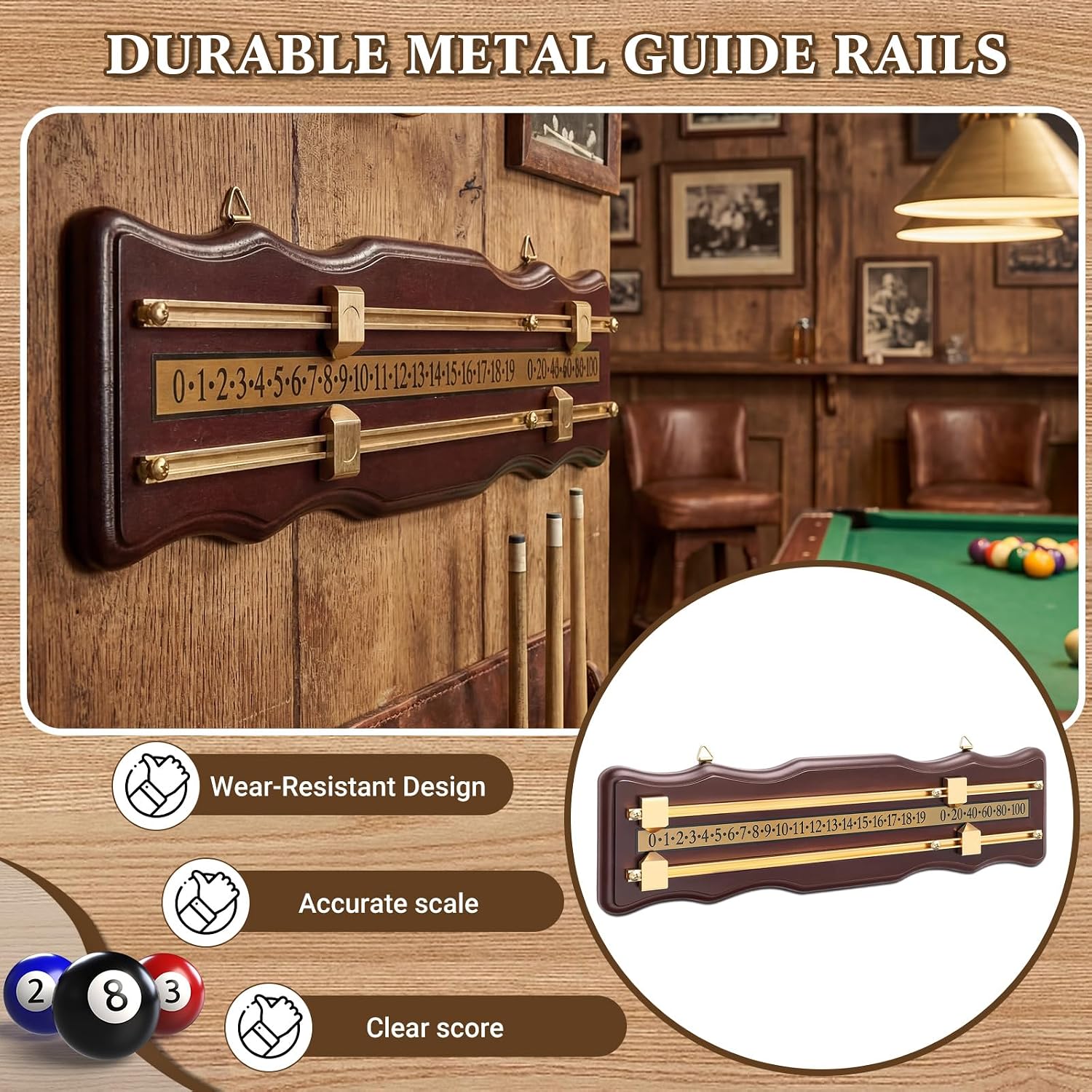 Wooden Billiard Game Scorer 2 Track Wall-Mounted Snooker Billiard Score Board Shuffleboard Scoreboard Classic Snooker