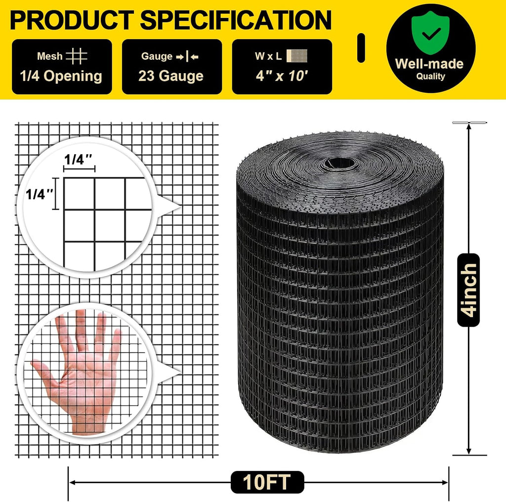 Black Hardware Cloth 4'' x 10' PVC Steel Vinyl Coated 1/4inch Galvanized Wire Mesh Roll (23GA) Chicken Wire Fence