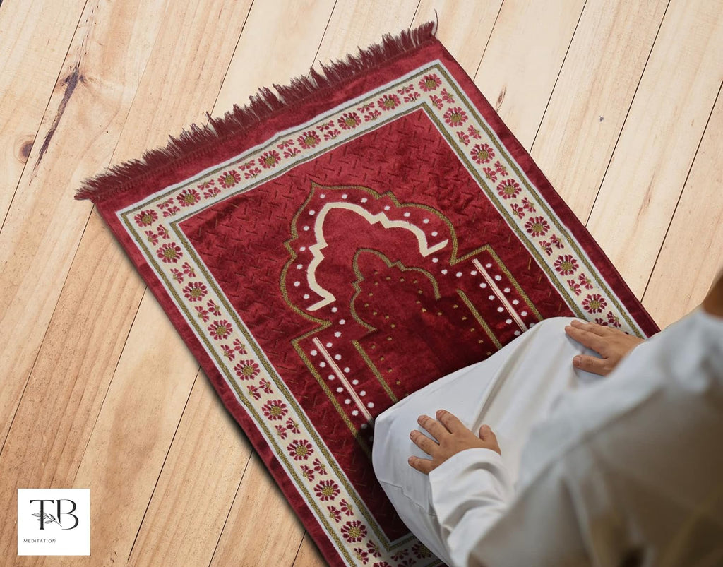 TB Islamic Prayer Rug Plush Soft Velvet Muslim Mat Unique Arabic Turkish African Embroidered Design Prayer Bead Daily