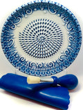 All-in-one Premium Ceramic Garlic Grater Plate 4-Piece Set - Blue Embossed Design and Style - For Garlic, Ginger