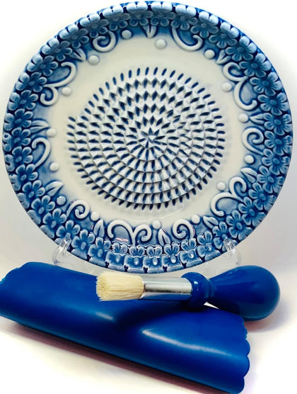 All-in-one Premium Ceramic Garlic Grater Plate 4-Piece Set - Blue Embossed Design and Style - For Garlic, Ginger