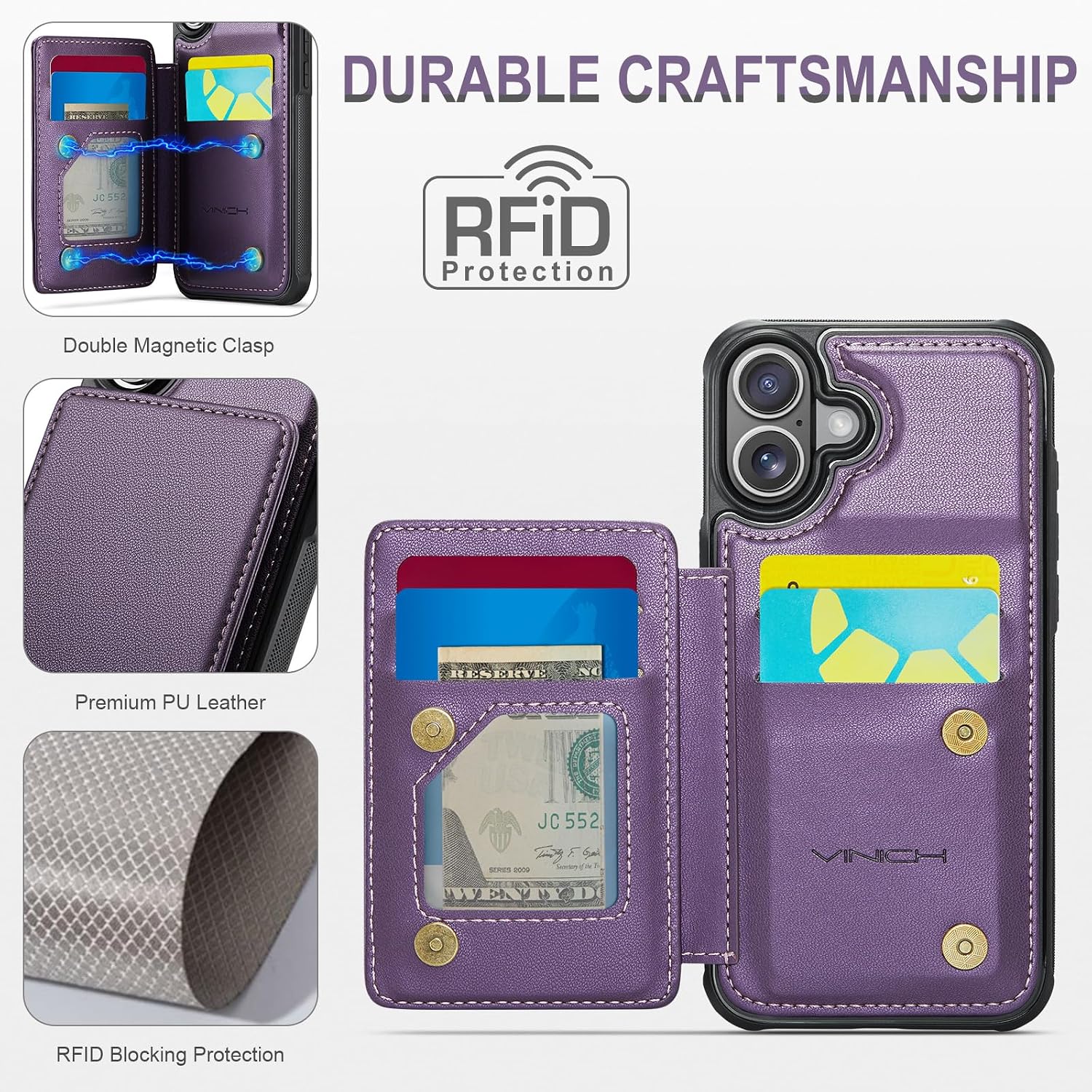 for iPhone 17 Wallet Case with Card Holder, RFID Blocking Credit Slots Kickstand Shockproof Phone Cover Fit for