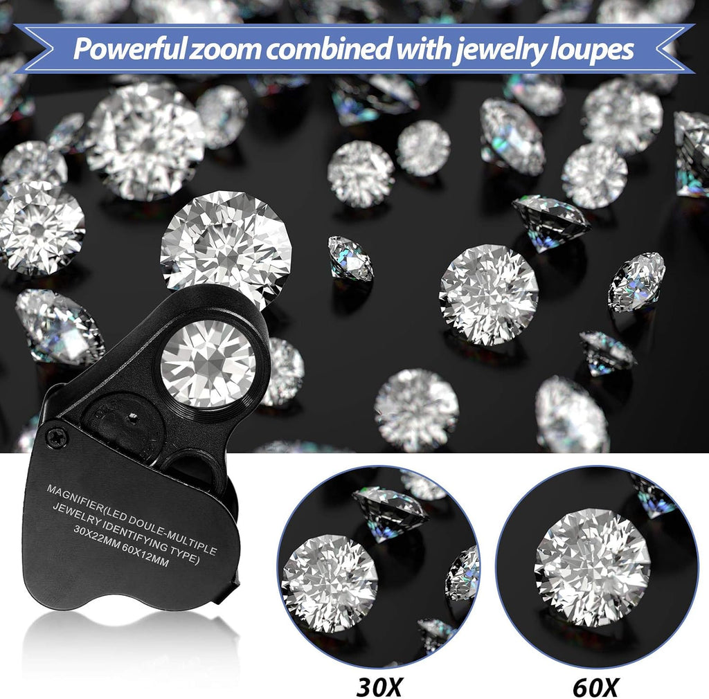 2 Pcs Jewelers Loupe 30X 60X 90X Magnifying Glass with LED,Black | UV Black Light for Gem Diamond Inspection