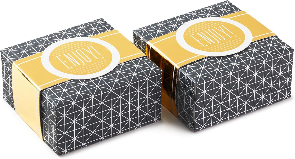 Small Gift Boxes with Wrap Band (2-Pack: Gray Geometric, Gold "Enjoy!") 4 inch Boxes for Weddings, Graduations