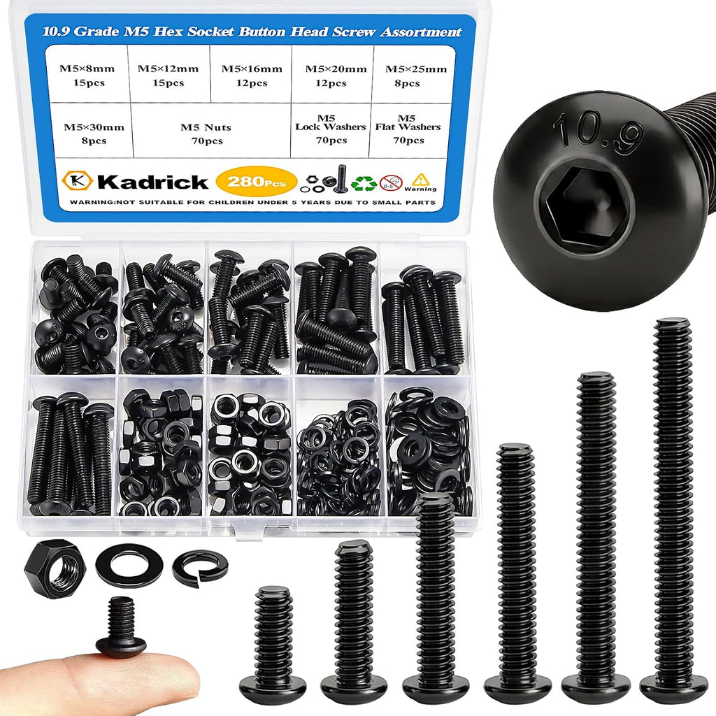 KADRICK 280PCS M5 Screw Kit,Hex Socket Button Head Screws Length 8MM-30MM