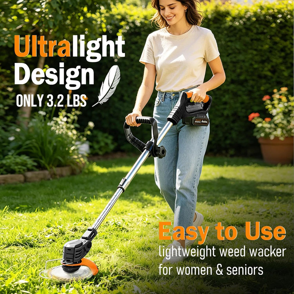 Cordless Weed Wacker with 2 Batteries & Charger, 26 Metal/Plastic Blades | Electric Grass Trimmer, Lightweight