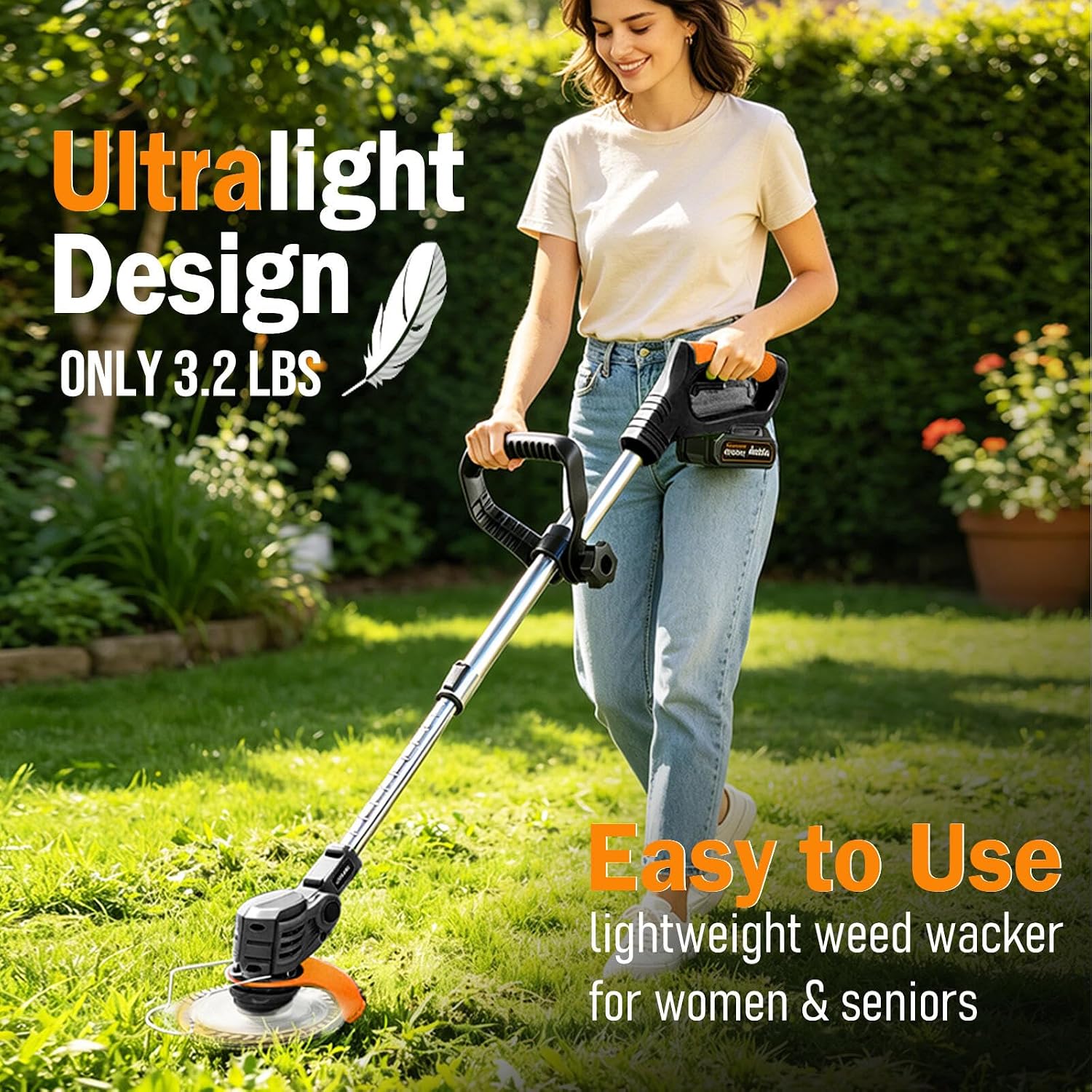 Cordless Weed Wacker with 2 Batteries & Charger, 26 Metal/Plastic Blades | Electric Grass Trimmer, Lightweight