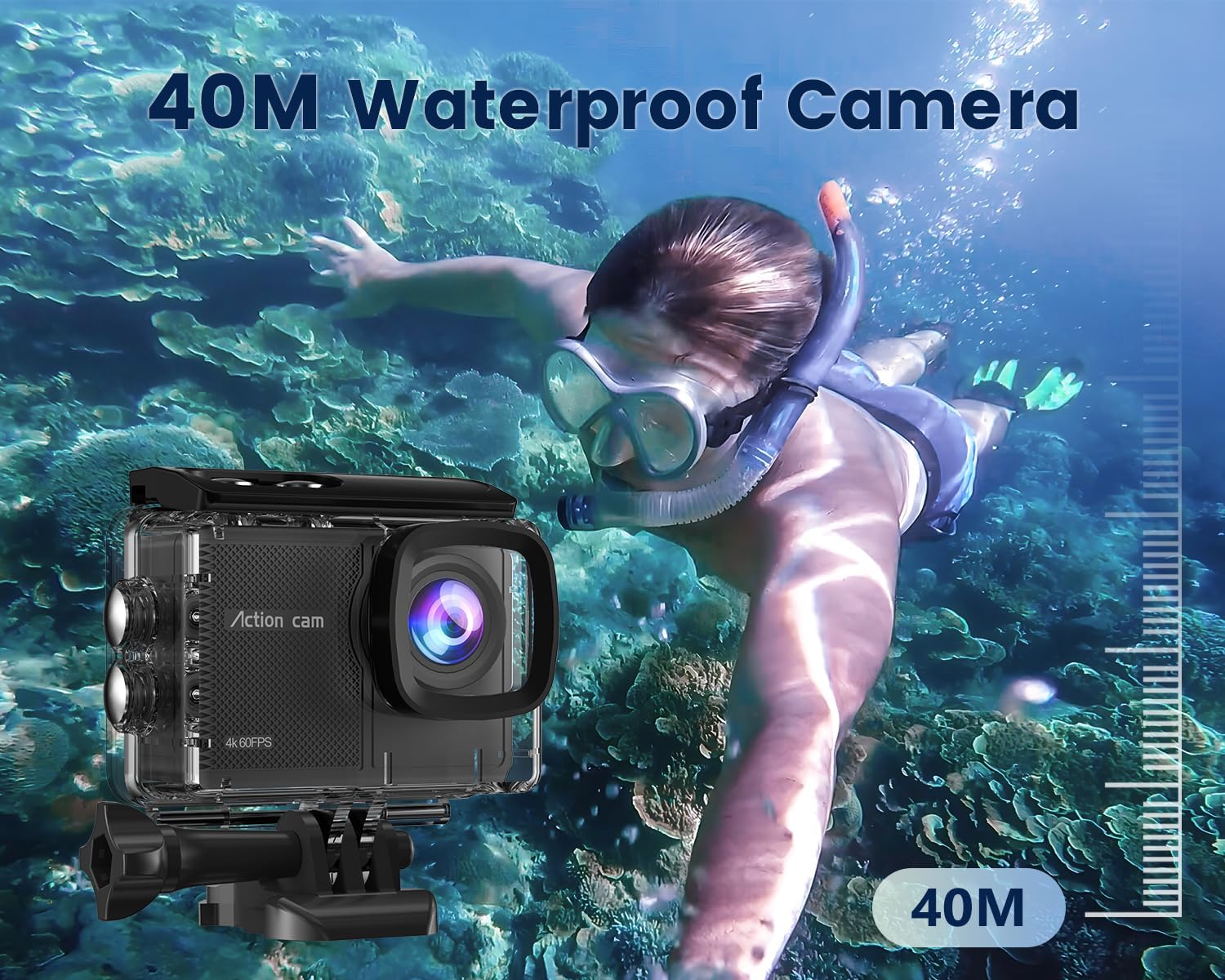 4K 60FPS Action Camera with 64GB Card-48MP Waterproof Camera,40M Underwater Camera,8X Zoom,EIS