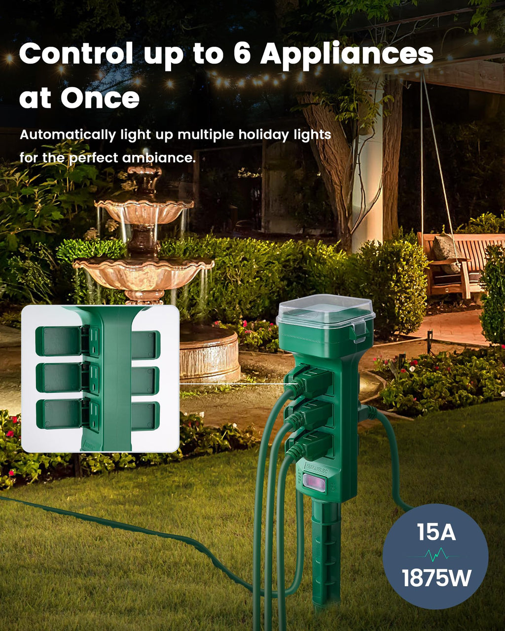 Outdoor Power Stake Smart WiFi Light Timer, 6 Outlets, Waterproof