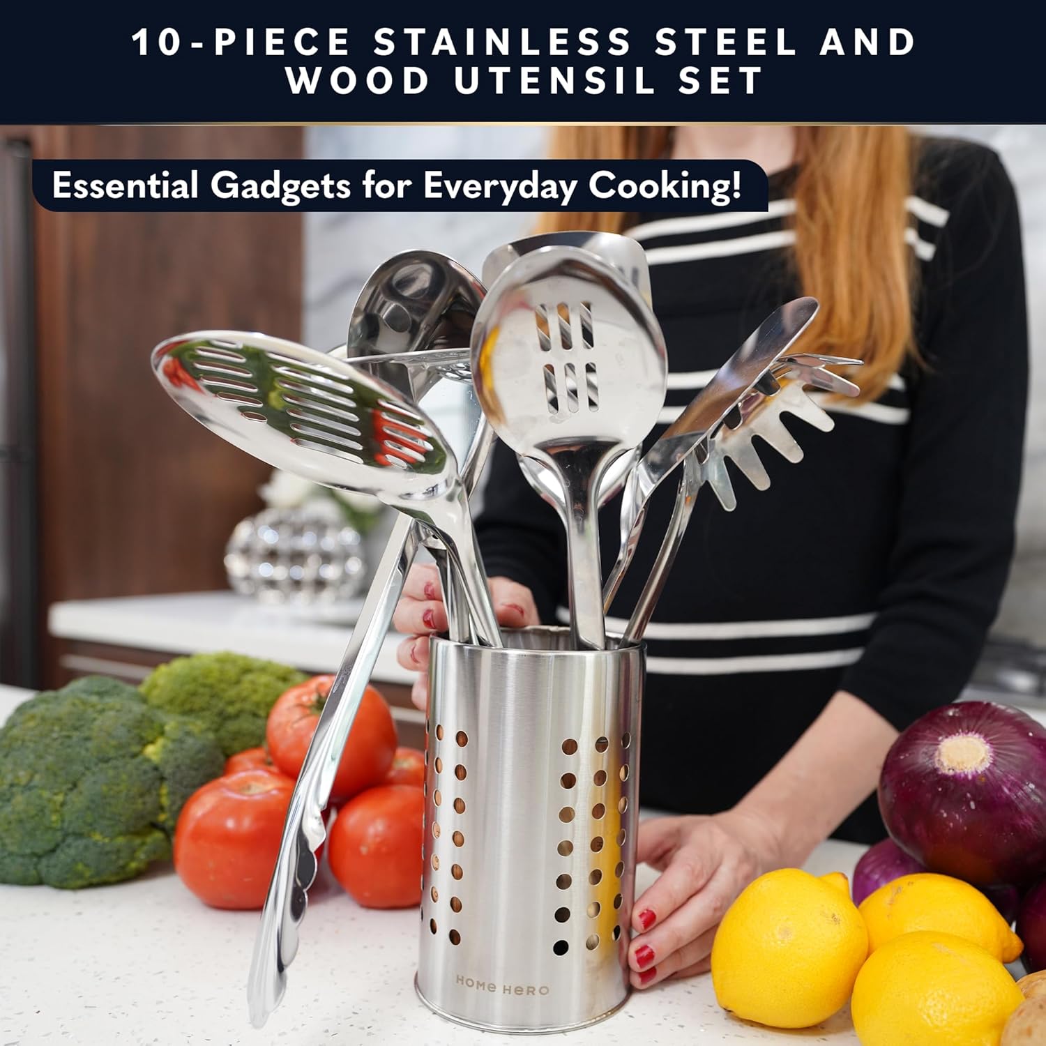 Stainless Steel Kitchen Utensils Set - Wood Handle Nonstick Stainless Steel Cooking Utensils Set - Heat Resistant