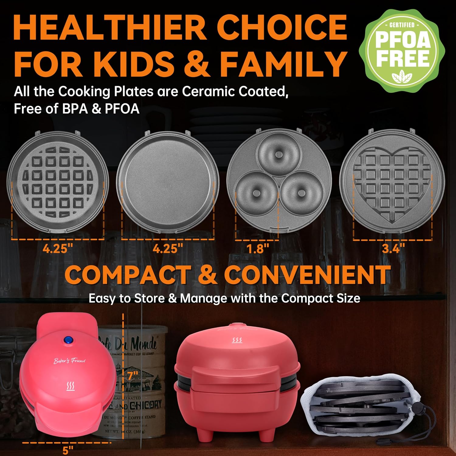 4 in 1 Mini Waffle Maker with Removable Plates, Set Includes Mini Pancake, Donut, Heart Shape Waffle Makers, Compact