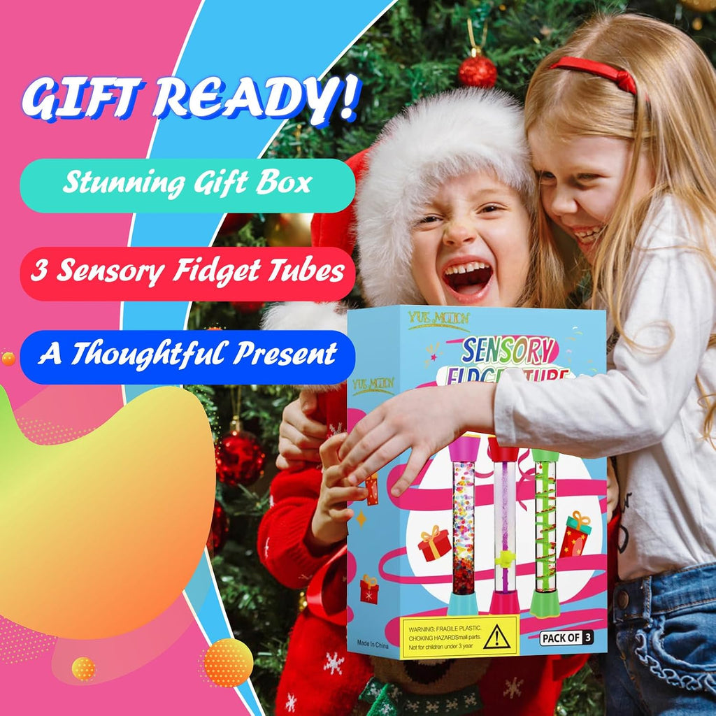Sensory Fidget Tubes - Calming Toys for Kids & Adults- Sensory Tube with Glitter Bottle, Gravity Spinner, Bubble Drop
