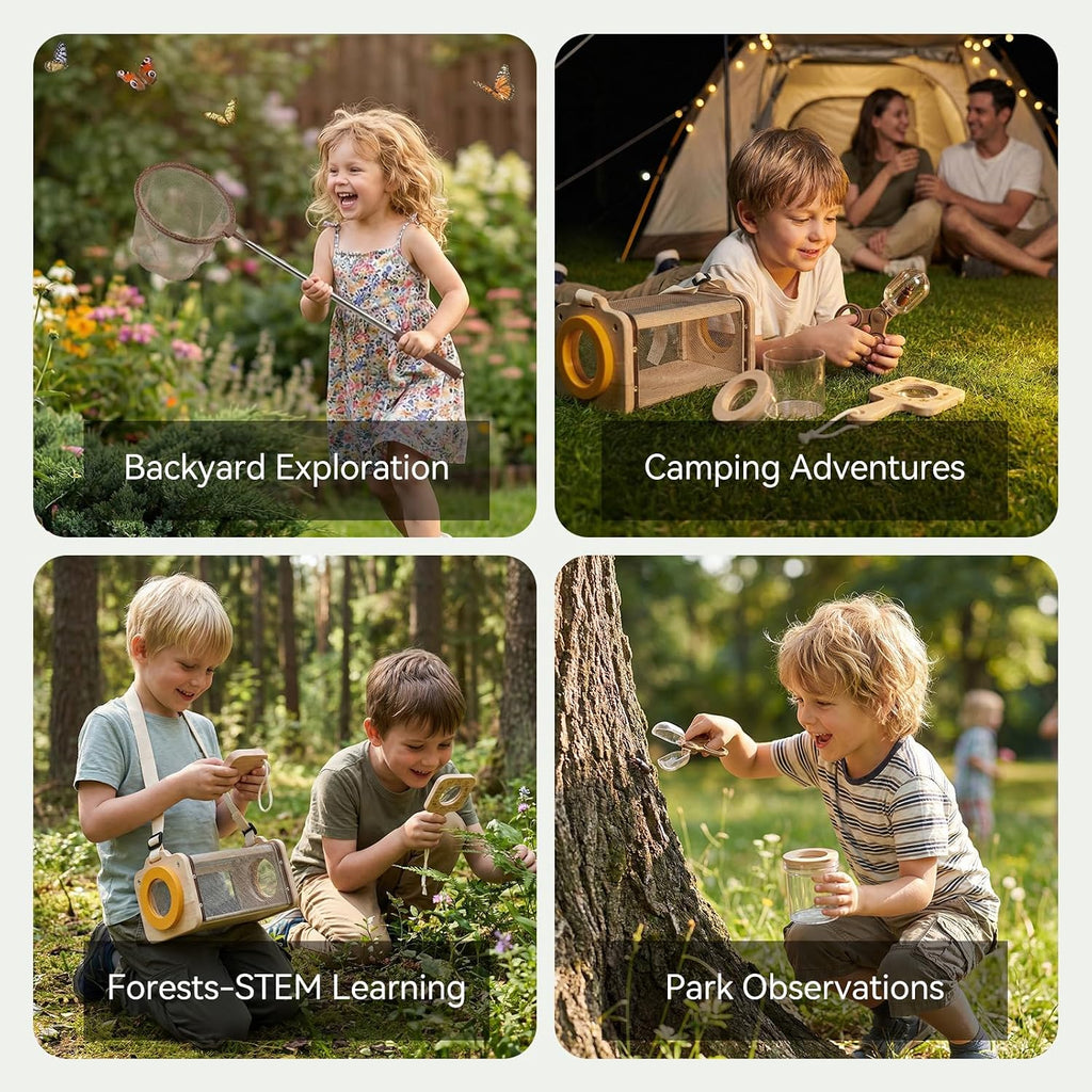 Wooden Bug Catcher Kit for Kids 3-8, 10PCS Durable Outdoor Explorer Kit with Magnifying Glass, Butterfly Net & STEM