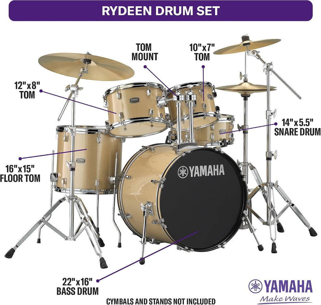 Rydeen 5-Piece Drum Set With 22" Bass Drum, Floor Tom, 2 Toms With Ball Clamp And Wood Snare Drum, Champagne Glitter
