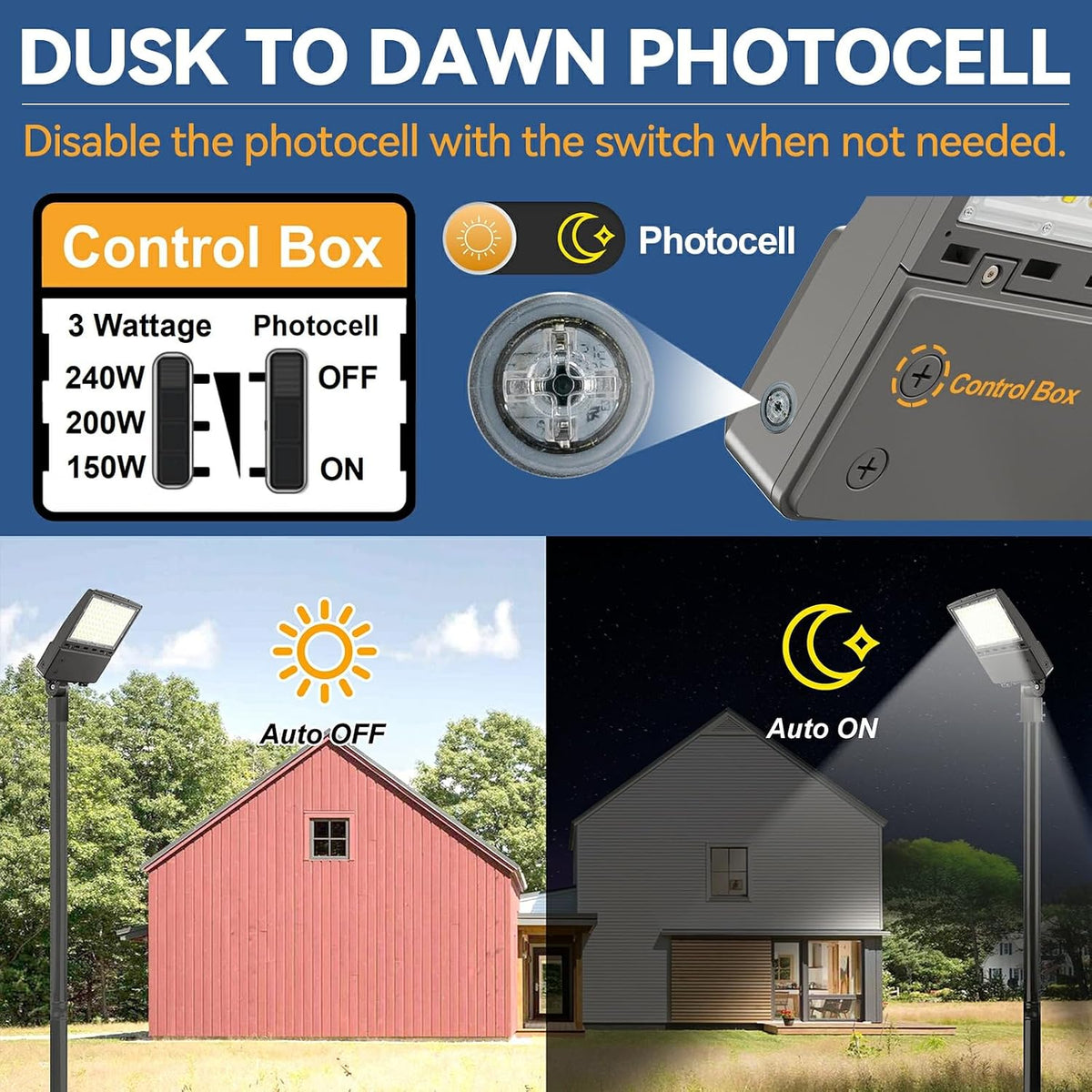 LED Parking Lot Light: 150W/200W/240W Selectable, Shoebox Light Arm Mount